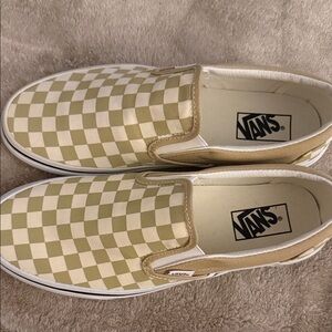 Vans Beige and White Checkered Slip-Ons